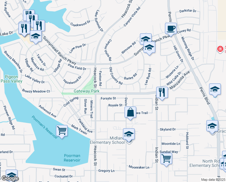 map of restaurants, bars, coffee shops, grocery stores, and more near 24125 Pleasant Run Road in Moreno Valley