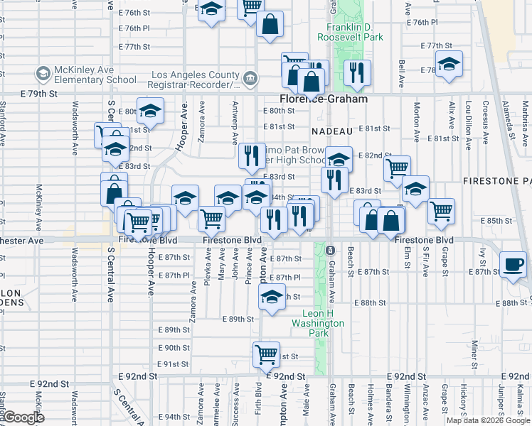 map of restaurants, bars, coffee shops, grocery stores, and more near 1511 East 85th Street in Los Angeles