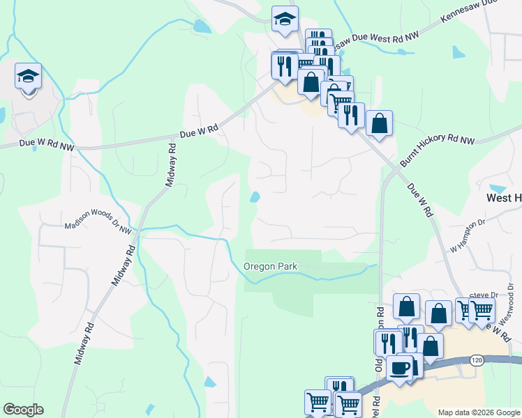 map of restaurants, bars, coffee shops, grocery stores, and more near 3814 Lamb Drive in Marietta