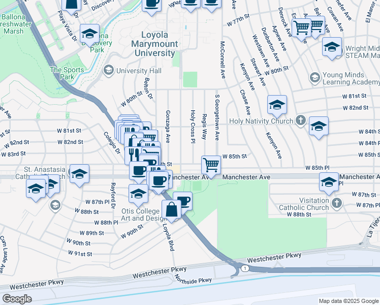 map of restaurants, bars, coffee shops, grocery stores, and more near 8409 Holy Cross Pl in Los Angeles