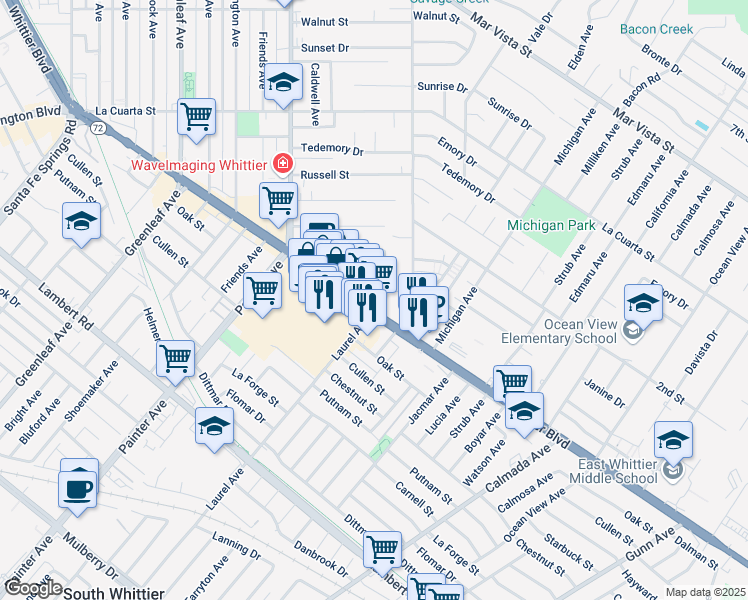 map of restaurants, bars, coffee shops, grocery stores, and more near 13895 Whittier Boulevard in Whittier