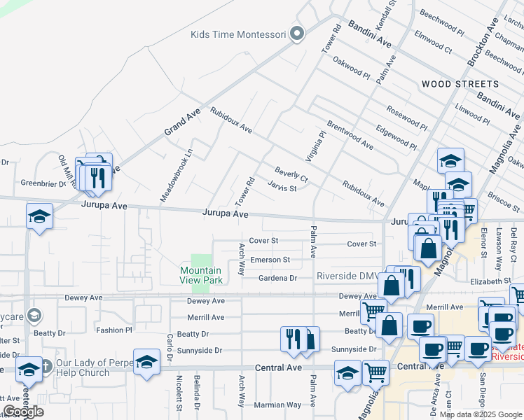 map of restaurants, bars, coffee shops, grocery stores, and more near 4647 Jurupa Avenue in Riverside