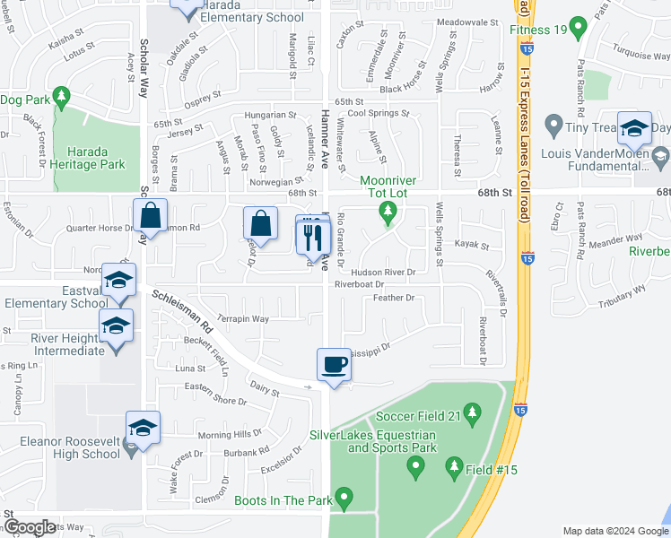 map of restaurants, bars, coffee shops, grocery stores, and more near 6969 Rio Grande Drive in Eastvale