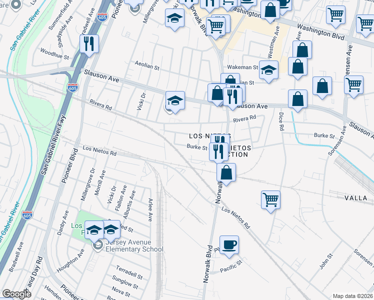 map of restaurants, bars, coffee shops, grocery stores, and more near 11460 Burke Street in Whittier