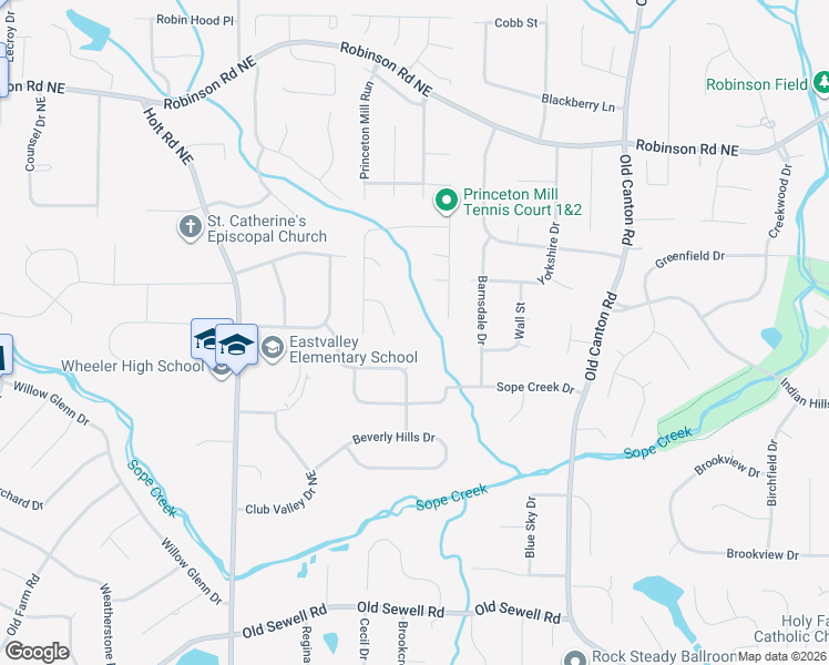 map of restaurants, bars, coffee shops, grocery stores, and more near 2744 Princeton Mill Court in Marietta