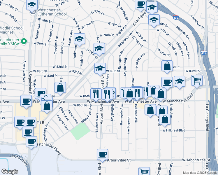 map of restaurants, bars, coffee shops, grocery stores, and more near 8426 Barnsley Avenue in Los Angeles
