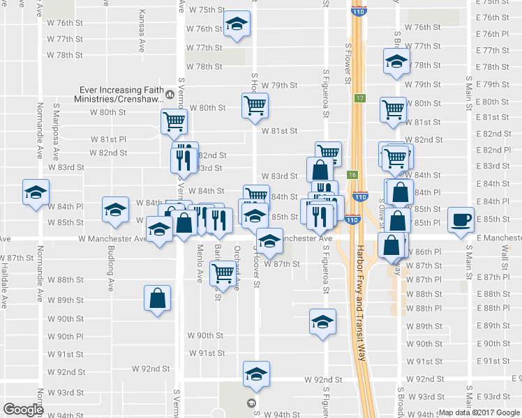 map of restaurants, bars, coffee shops, grocery stores, and more near 8418 South Hoover Street in Los Angeles