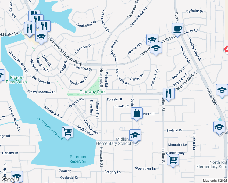 map of restaurants, bars, coffee shops, grocery stores, and more near 24125 Pleasant Run Road in Moreno Valley