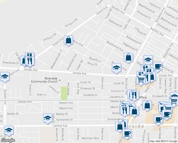 map of restaurants, bars, coffee shops, grocery stores, and more near 4603 Jurupa Avenue in Riverside