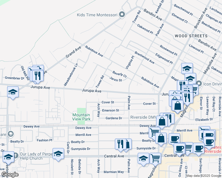 map of restaurants, bars, coffee shops, grocery stores, and more near 4603 Jurupa Avenue in Riverside