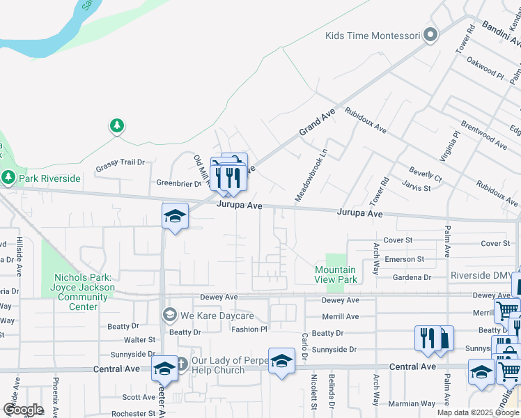 map of restaurants, bars, coffee shops, grocery stores, and more near 4985 Jurupa Avenue in Riverside