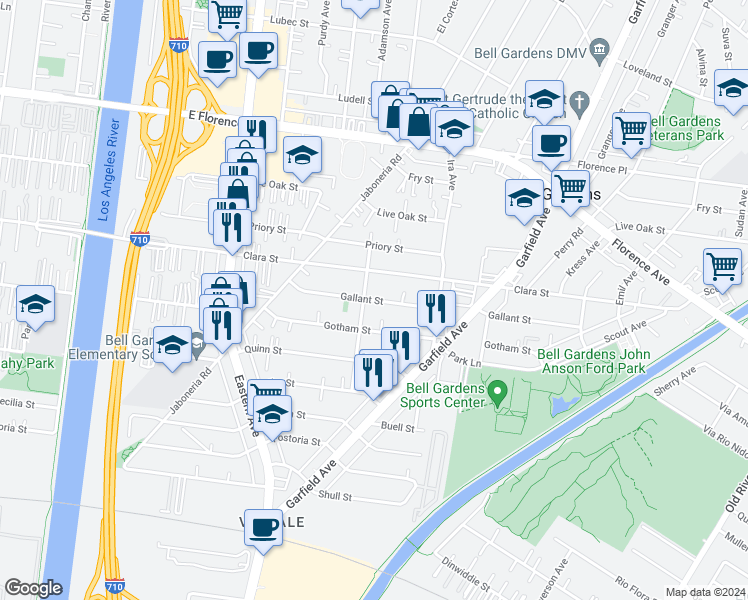 map of restaurants, bars, coffee shops, grocery stores, and more near 7804 Gephart Avenue in Bell Gardens