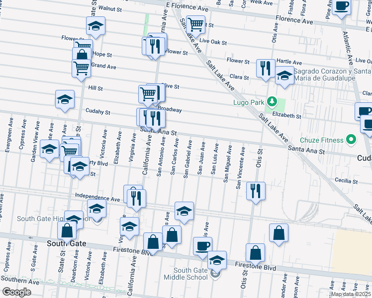 map of restaurants, bars, coffee shops, grocery stores, and more near 8133 San Gabriel Avenue in South Gate