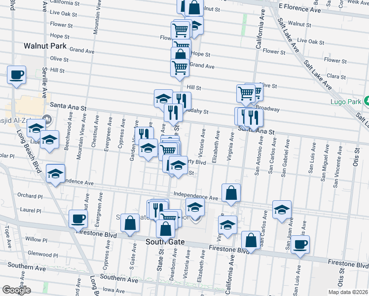 map of restaurants, bars, coffee shops, grocery stores, and more near 8165 Dearborn Avenue in South Gate