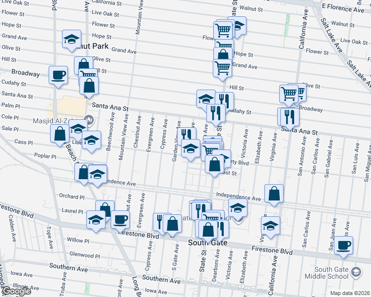 map of restaurants, bars, coffee shops, grocery stores, and more near 8176 South Gate Avenue in South Gate