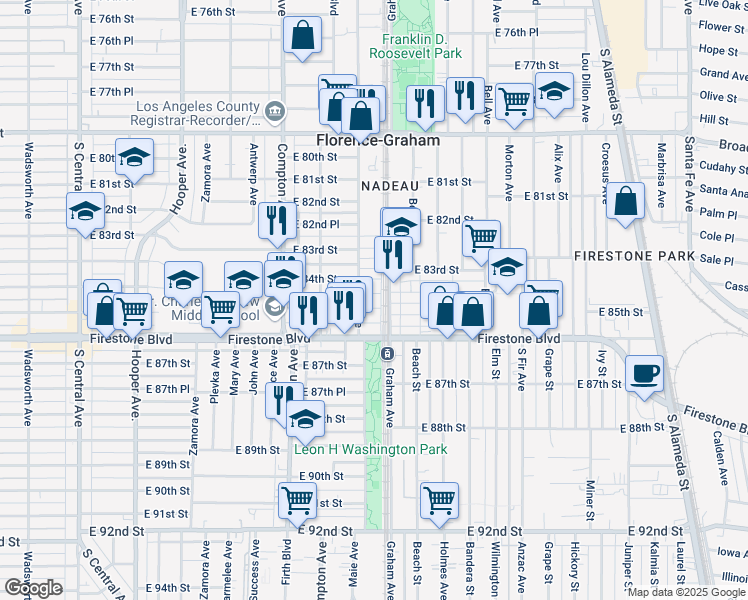 map of restaurants, bars, coffee shops, grocery stores, and more near 1675 East 85th Street in Los Angeles