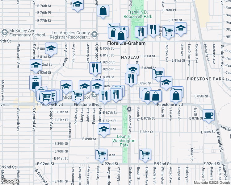 map of restaurants, bars, coffee shops, grocery stores, and more near 1635 East 85th Street in Los Angeles