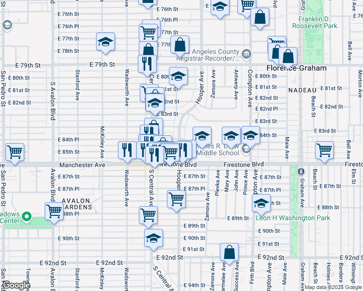 map of restaurants, bars, coffee shops, grocery stores, and more near 8472 Hooper Avenue in Los Angeles