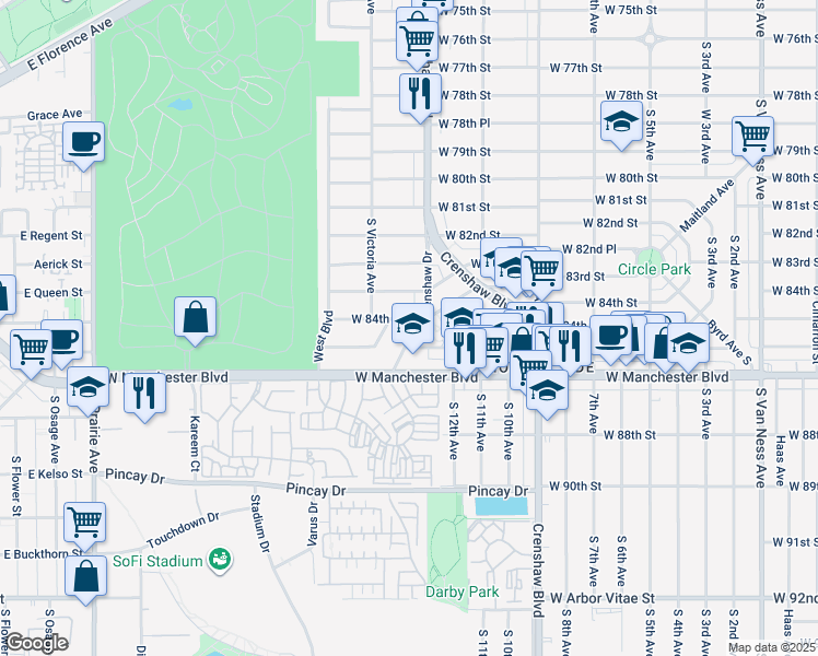 map of restaurants, bars, coffee shops, grocery stores, and more near in Inglewood