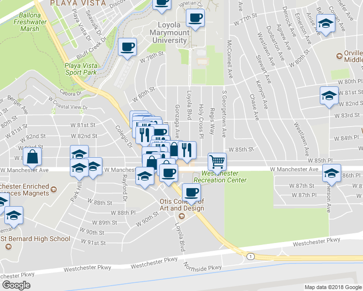 map of restaurants, bars, coffee shops, grocery stores, and more near 8404 Gonzaga Avenue in Los Angeles