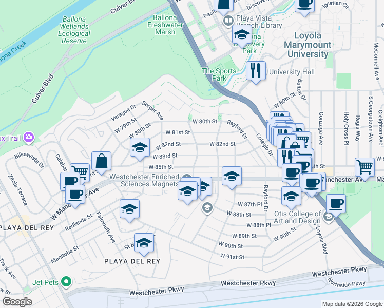 map of restaurants, bars, coffee shops, grocery stores, and more near 7439 West 83rd Street in Los Angeles