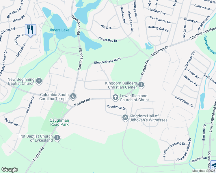 map of restaurants, bars, coffee shops, grocery stores, and more near 129 Steeplechase Road South in Columbia