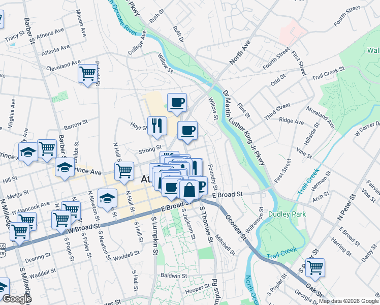 map of restaurants, bars, coffee shops, grocery stores, and more near 436 East Dougherty Street in Athens