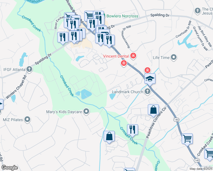 map of restaurants, bars, coffee shops, grocery stores, and more near 3816 Moran Way in Norcross