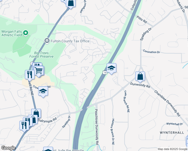 map of restaurants, bars, coffee shops, grocery stores, and more near 7580 Colquitt Road in Atlanta