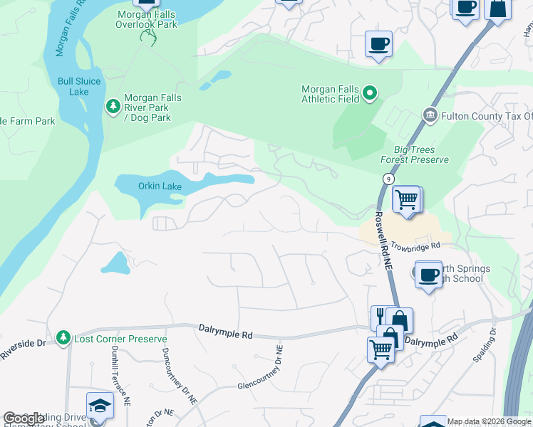 map of restaurants, bars, coffee shops, grocery stores, and more near 455 Trowgate Lane in Atlanta