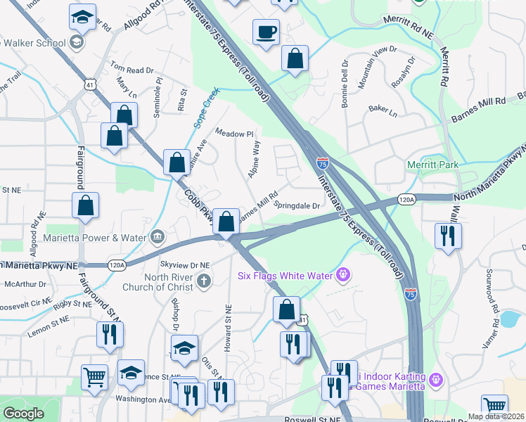 map of restaurants, bars, coffee shops, grocery stores, and more near 862 Barnes Mill Road in Marietta