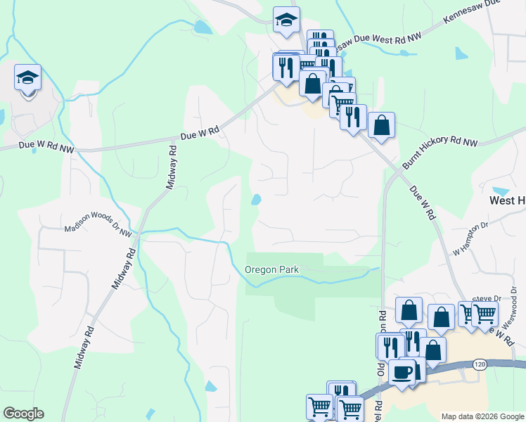 map of restaurants, bars, coffee shops, grocery stores, and more near 3814 Lamb Drive in Marietta