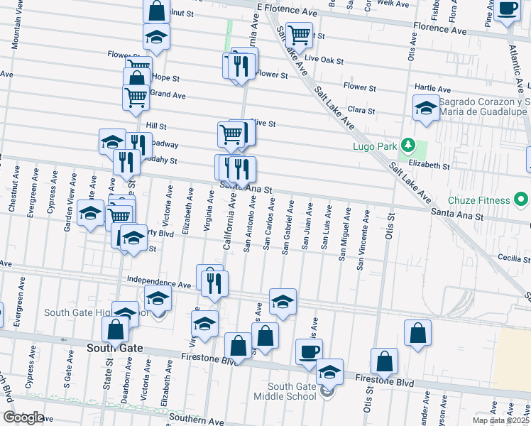 map of restaurants, bars, coffee shops, grocery stores, and more near 8137 San Carlos Avenue in South Gate