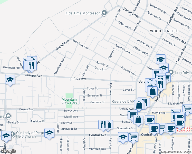 map of restaurants, bars, coffee shops, grocery stores, and more near 4603 Jurupa Avenue in Riverside