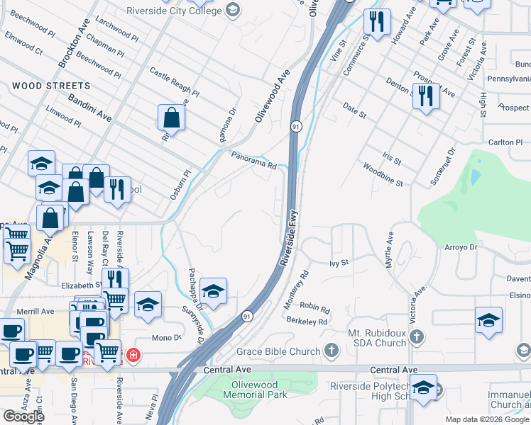 map of restaurants, bars, coffee shops, grocery stores, and more near 3060 Panorama Road in Riverside