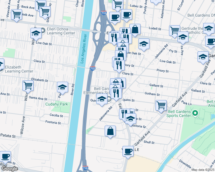 map of restaurants, bars, coffee shops, grocery stores, and more near 5629 Gotham Street in Bell Gardens