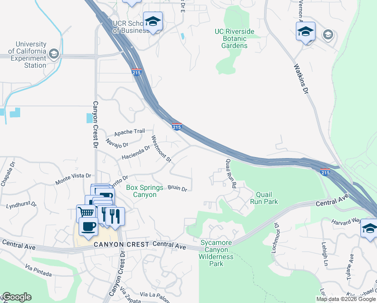 map of restaurants, bars, coffee shops, grocery stores, and more near 5001 Trojan Court in Riverside