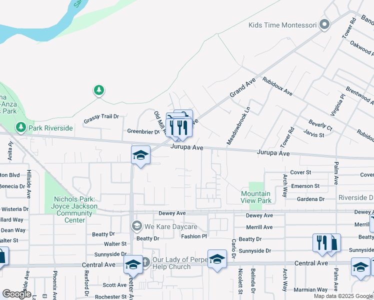 map of restaurants, bars, coffee shops, grocery stores, and more near 5092 Jurupa Avenue in Riverside