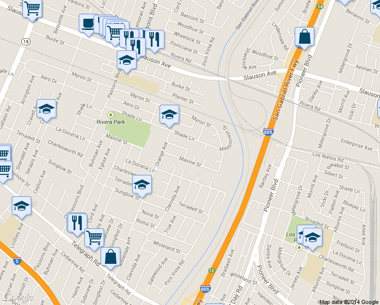 map of restaurants, bars, coffee shops, grocery stores, and more near 8134 Coopergrove Ave in Pico Rivera
