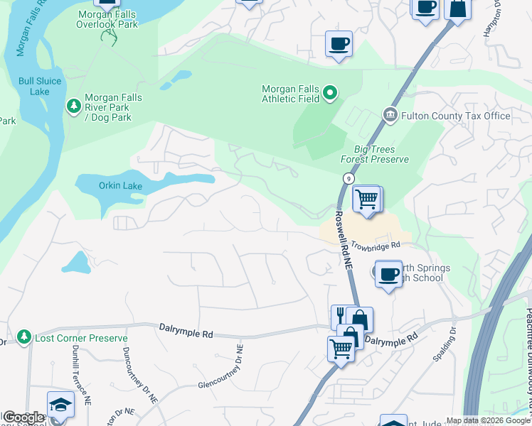map of restaurants, bars, coffee shops, grocery stores, and more near 205 Trowbridge Road in Atlanta