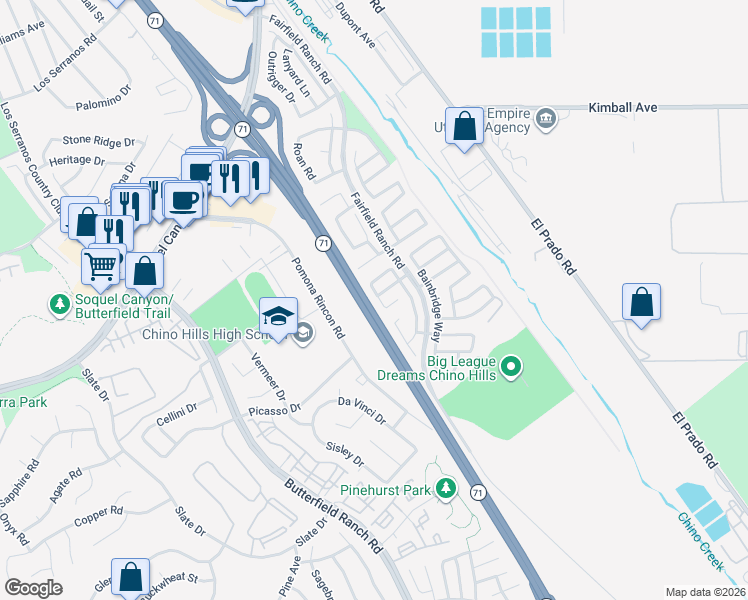 map of restaurants, bars, coffee shops, grocery stores, and more near 16044 Pembrook Way in Chino Hills