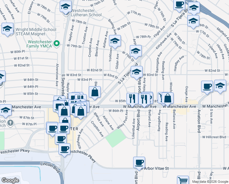 map of restaurants, bars, coffee shops, grocery stores, and more near 8449 Kittyhawk Avenue in Los Angeles
