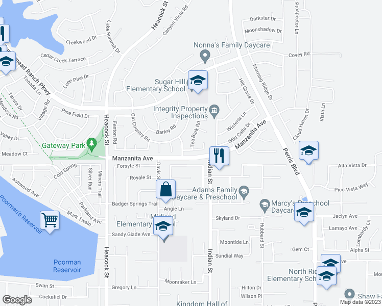map of restaurants, bars, coffee shops, grocery stores, and more near 24397 Robinwood Drive in Moreno Valley