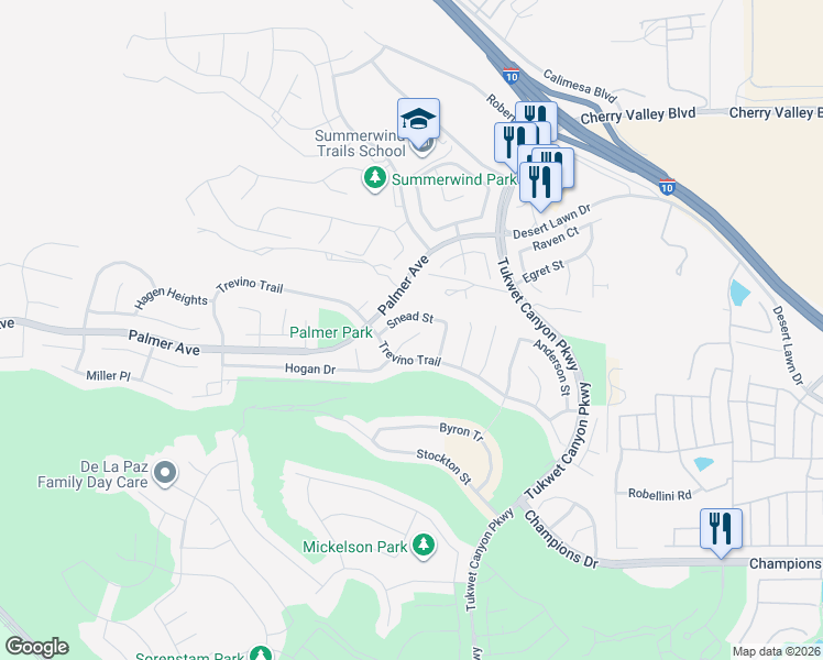 map of restaurants, bars, coffee shops, grocery stores, and more near 35556 Hogan Drive in Beaumont