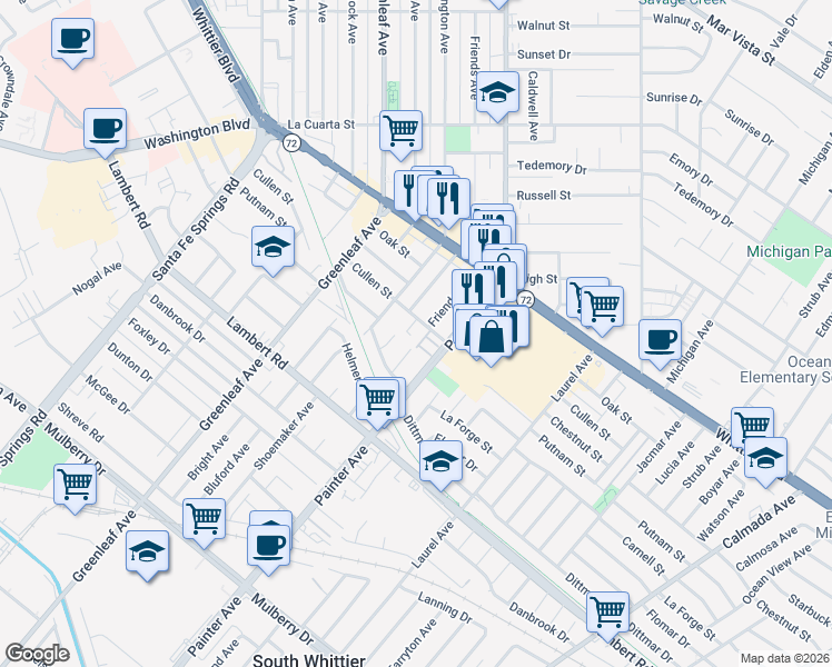 map of restaurants, bars, coffee shops, grocery stores, and more near 13242 Cullen Street in Whittier