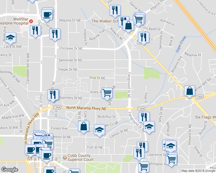 map of restaurants, bars, coffee shops, grocery stores, and more near 412 Wellons Avenue Northeast in Marietta