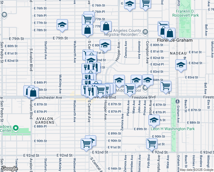 map of restaurants, bars, coffee shops, grocery stores, and more near 8472 Hooper Avenue in Los Angeles