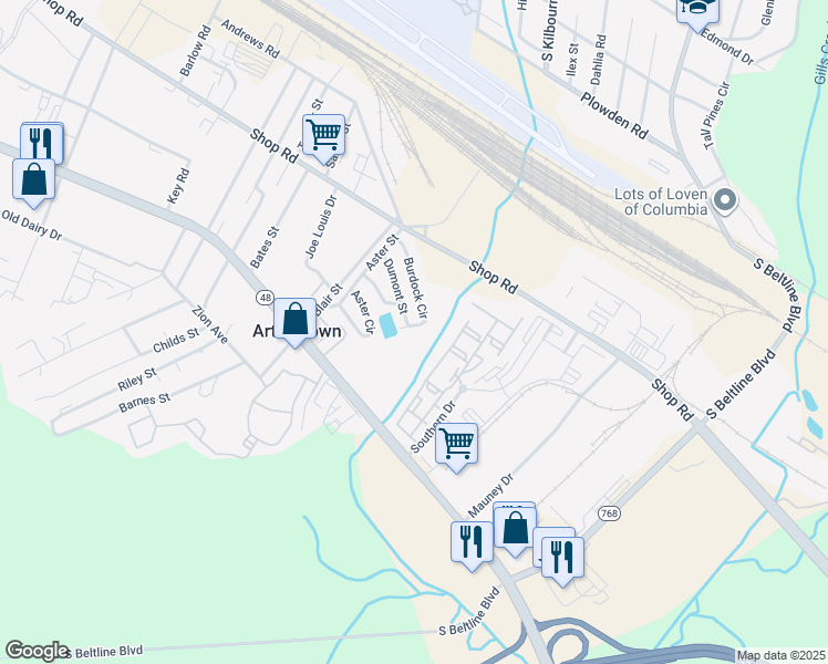 map of restaurants, bars, coffee shops, grocery stores, and more near 102 Burdock Circle in Columbia