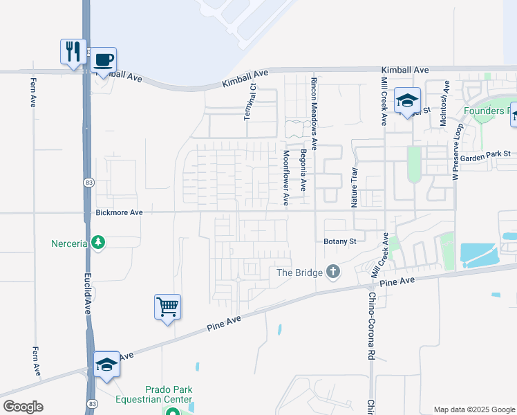 map of restaurants, bars, coffee shops, grocery stores, and more near 7569 Spitfire Street in Chino