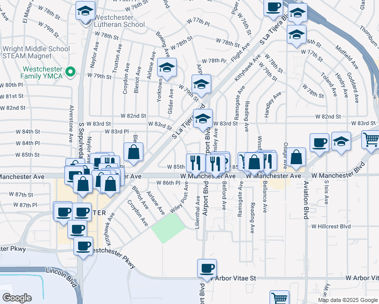 map of restaurants, bars, coffee shops, grocery stores, and more near 8414 Wiley Post Avenue in Los Angeles